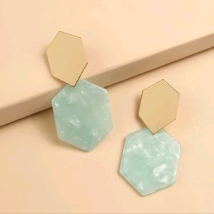 Gold-Tone Hexagon Earrings with Mint Marble Drops